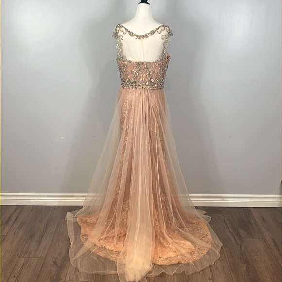 Tony Bowls Evenings Long Beaded Lace and Tulle Dress Gown - Picture 7 of 17